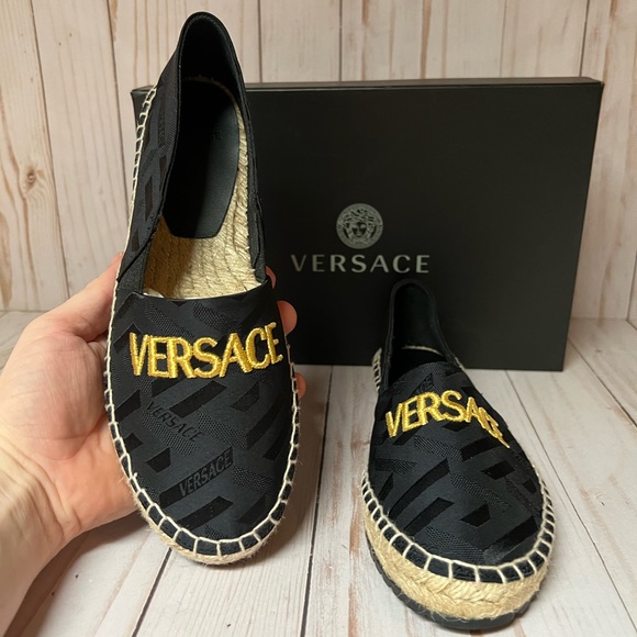 Versace Logo Jacquard Espadrille Flat Black/Gold Sz 36 / 6 - Picture 5 of 11